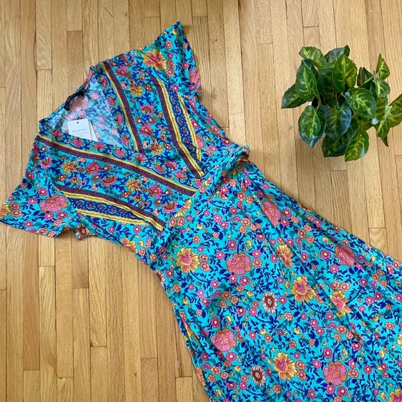 Floral V-Neck Surplice Hem Wrap Tie Side Butterfly Sleeve Maxi Dress Size S - Picture 2 of 12